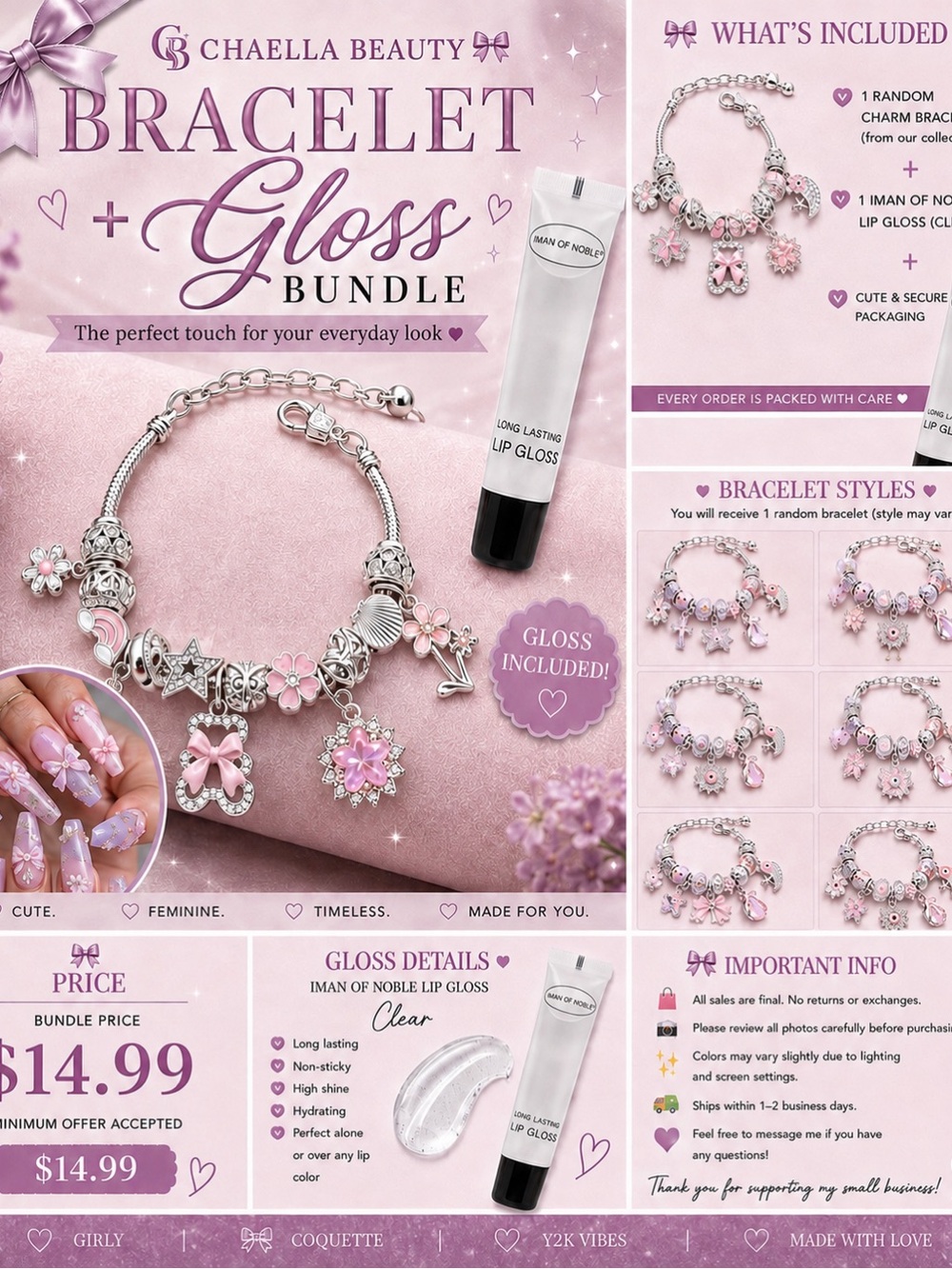 Pink Floral Charm Bracelet | Silver & Pink Y2K Coquette Jewelry